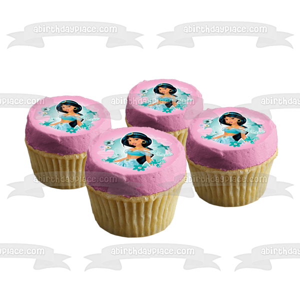 Princesa Disney Jasmine Aladdin Flores Corazones Fondo Rosa Adorno Comestible Para Pastel Imagen ABPID21893 