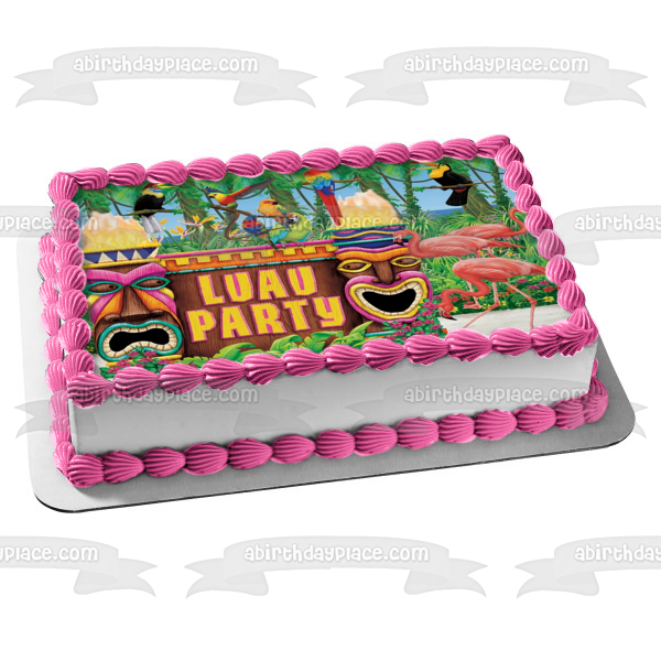 Imagen comestible para tarta hawaiana Luau Party Flamencos Loros Tikis ABPID22120 