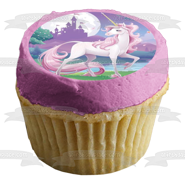 Imagen comestible para tarta con diseño de castillo de unicornio, árboles, luna, ABPID21922 