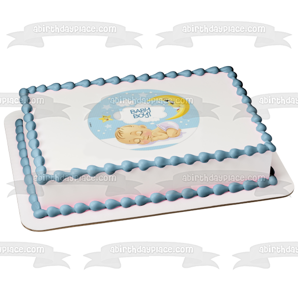 Bebé Niño Durmiendo Luna Estrellas Fondo Azul Baby Shower Adorno Comestible Para Pastel Imagen ABPID21925 