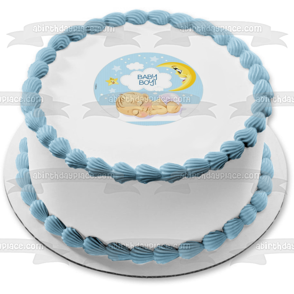 Bebé Niño Durmiendo Luna Estrellas Fondo Azul Baby Shower Adorno Comestible Para Pastel Imagen ABPID21925 