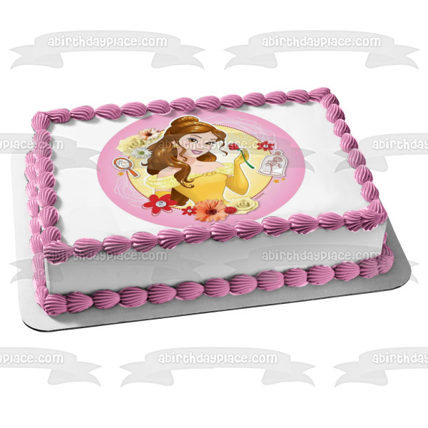 Decoración comestible para tarta con flores de espejo de Bella y la Bestia de la Princesa Disney, imagen ABPID22157 