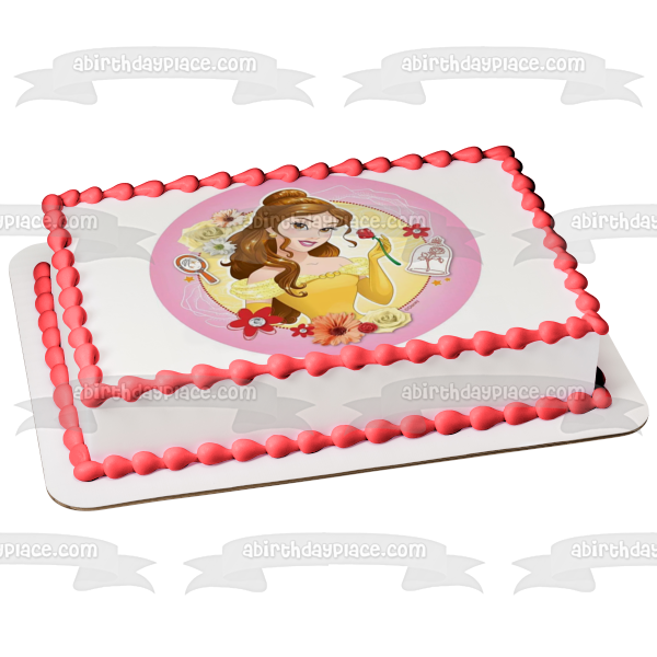 Decoración comestible para tarta con flores de espejo de Bella y la Bestia de la Princesa Disney, imagen ABPID22157 