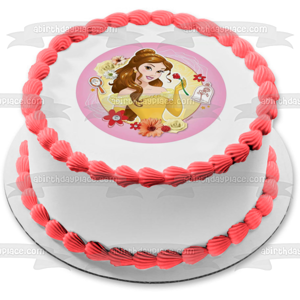 Decoración comestible para tarta con flores de espejo de Bella y la Bestia de la Princesa Disney, imagen ABPID22157 