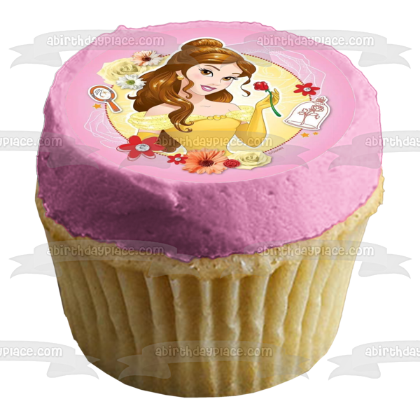 Decoración comestible para tarta con flores de espejo de Bella y la Bestia de la Princesa Disney, imagen ABPID22157 