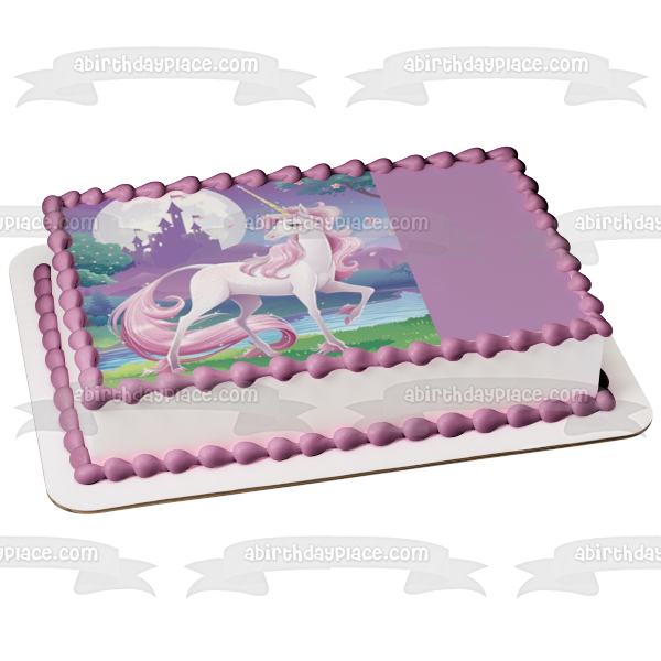 Unicorn Pink Hair Trees Castle Moon Edible Cake Topper Image ABPID22162