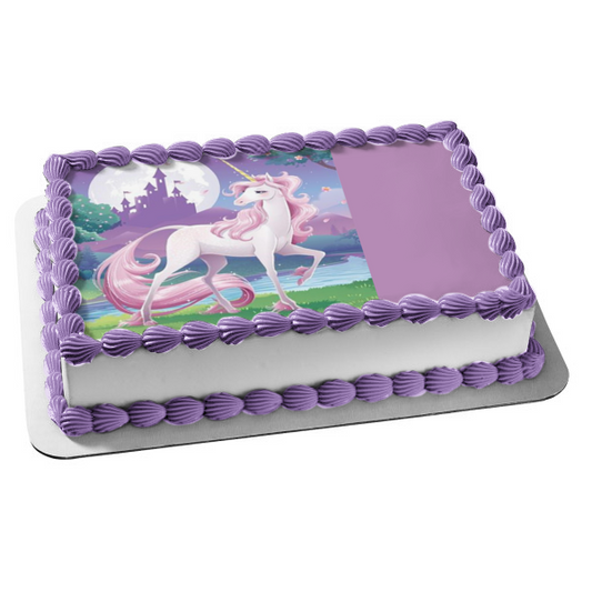 Imagen comestible para tarta con diseño de unicornio, pelo rosa, árboles, castillo, luna, ABPID22162 