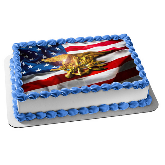 Imagen de decoración comestible para tarta con sello de la Marina militar de los Estados Unidos, bandera estadounidense, ABPID22332 