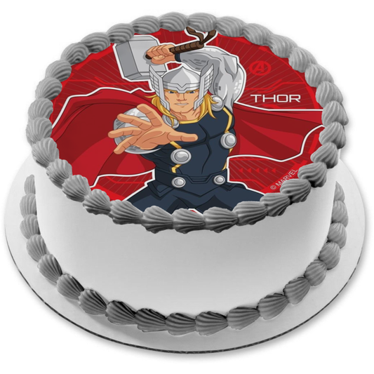 Avengers Thor Hammer Red Background Edible Cake Topper Image ABPID21976