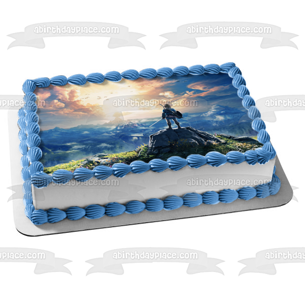 Legends of Zelda Breath of the Wild Link en la cima de una montaña Imagen comestible para decoración de tarta ABPID22515 