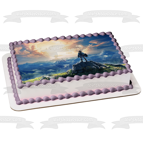 Legends of Zelda Breath of the Wild Link en la cima de una montaña Imagen comestible para decoración de tarta ABPID22515 