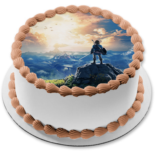 Legends of Zelda Breath of the Wild Link en la cima de una montaña Imagen comestible para decoración de tarta ABPID22515 