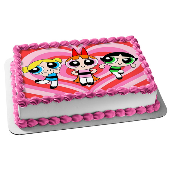 Power Puff Girls Flor Burbujas Botón de oro Corazones Fondo Imagen de adorno comestible para pastel ABPID24140 