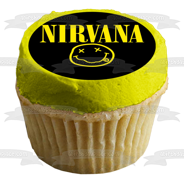 Imagen comestible para decoración de tarta con el logotipo de la cara sonriente de Nirvana ABPID26872 