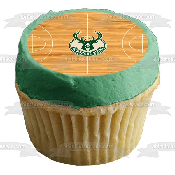 Logotipo de los Milwaukee Bucks, fondo de cancha de baloncesto de la NBA, decoración comestible para tarta, imagen ABPID27327 