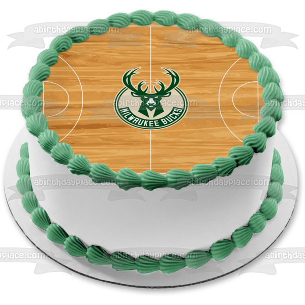 Logotipo de los Milwaukee Bucks, fondo de cancha de baloncesto de la NBA, decoración comestible para tarta, imagen ABPID27327 