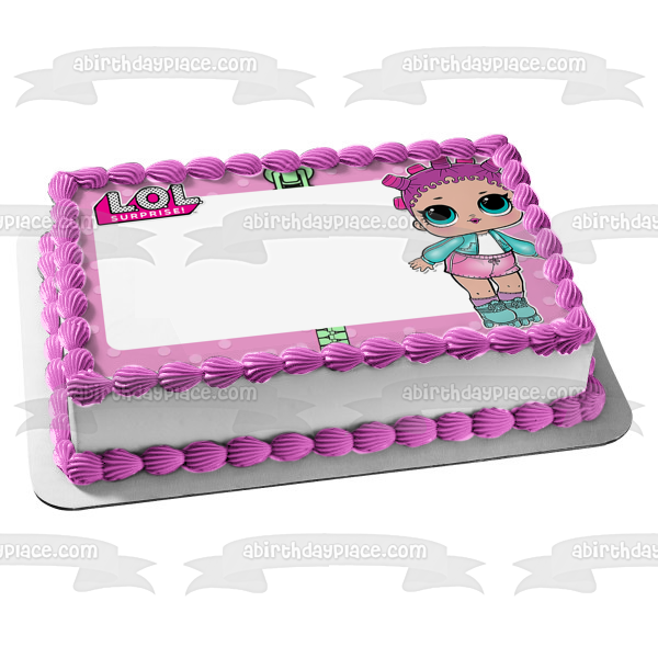 LOL Surprise Roller sk8ter Marco de imagen comestible para decoración de tarta con borde de lunares morados ABPID27154 