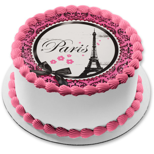 Fondo rosa de la Torre Eiffel de París con un lazo negro Imagen comestible para decoración de tarta ABPID05661 