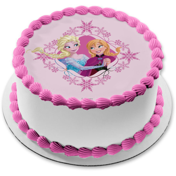 Frozen Anna Elsa with a Pink Background Edible Cake Topper Image ABPID06092