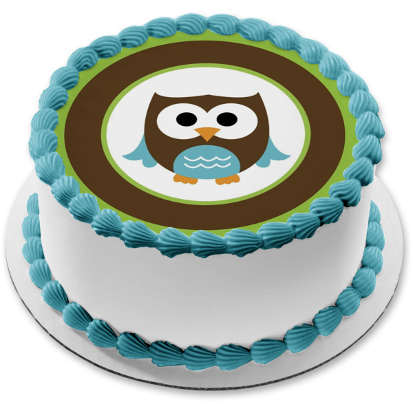 Baby Owl Brown and Blue Edible Cake Topper Image ABPID06362