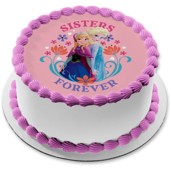 Imagen de decoración comestible para tarta de Frozen Anna Elsa Sisters Forever con flores ABPID04995 