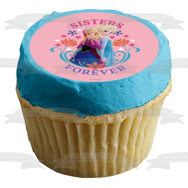 Imagen de decoración comestible para tarta de Frozen Anna Elsa Sisters Forever con flores ABPID04995 