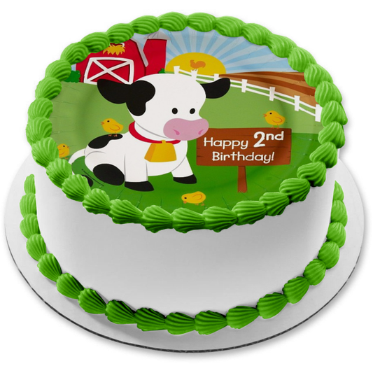 Feliz segundo cumpleaños, granja y una vaca, decoración comestible para tarta, imagen ABPID05010 