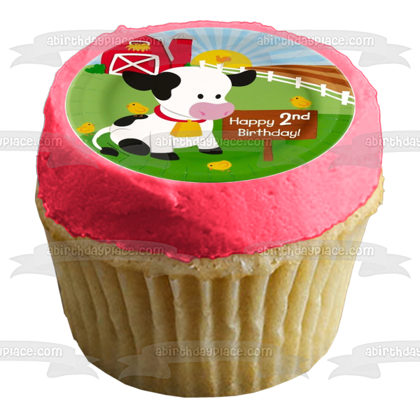 Feliz segundo cumpleaños, granja y una vaca, decoración comestible para tarta, imagen ABPID05010 