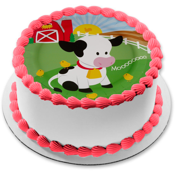 Imagen de adorno comestible para pastel de valla y pollitos de vaca de dibujos animados de corral ABPID07303 