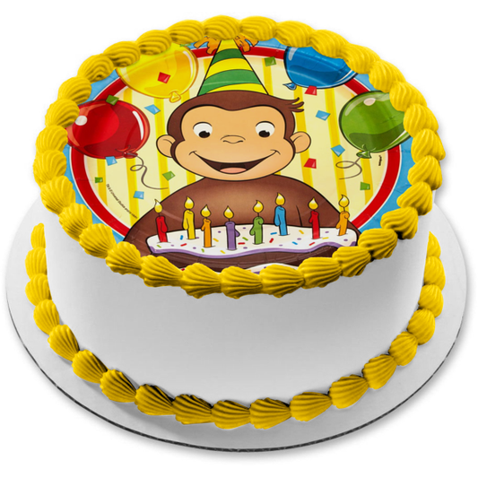 Jorge el Curioso Feliz Cumpleaños Pastel Fiesta Sombrero y Globos Imagen comestible para pastel ABPID07669 