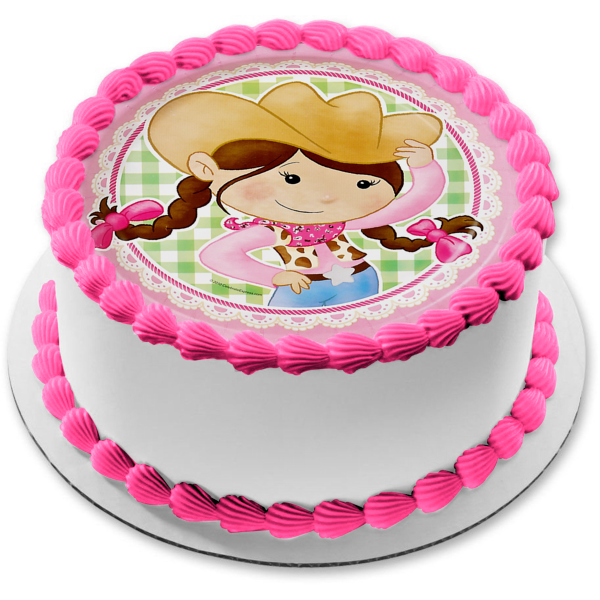 Imagen comestible para decoración de tarta con sombrero de vaquera rosa, estrella y pañuelo, ABPID08246 