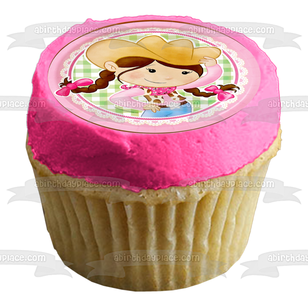 Imagen comestible para decoración de tarta con sombrero de vaquera rosa, estrella y pañuelo, ABPID08246 