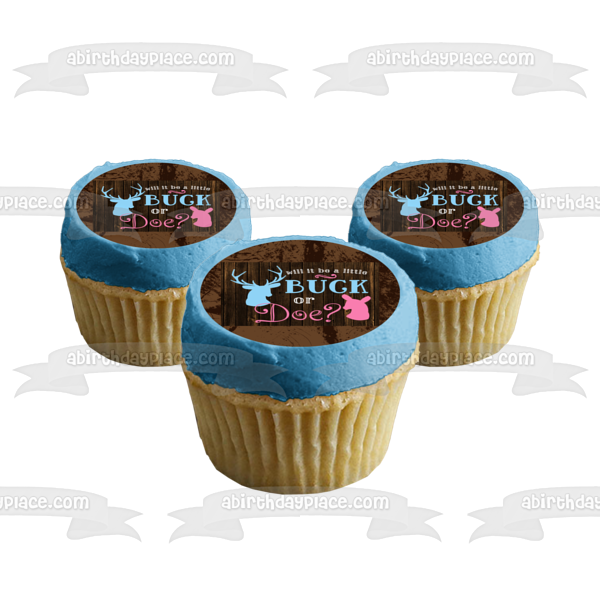 Baby Shower Will It Be a Buck or Doe Pink Doe Blue Buck - Adorno comestible para tarta, imagen ABPID06660 