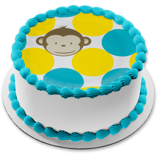 Cartoon Monkey Blue Yellow Polka Dot Background Edible Cake Topper Image ABPID11497