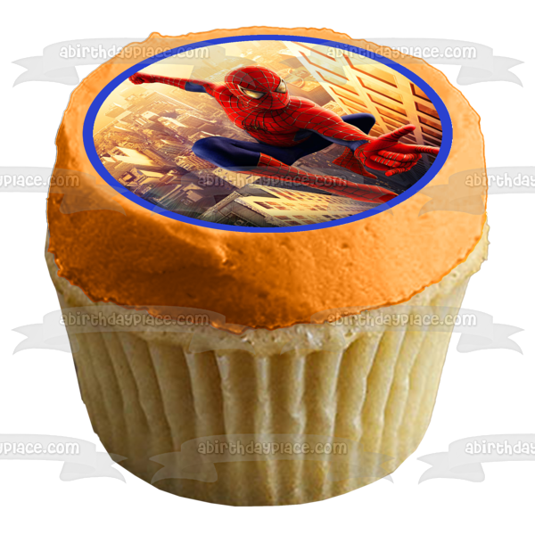 Imagen de decoración comestible para tarta de Marvel Spider-Man saltando sobre edificios ABPID11825 