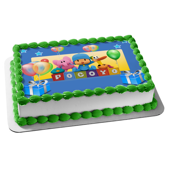 Pocoyo Happy Birthday Presents Balloons Stars Pato Elly Edible Cake Topper Image ABPID27563