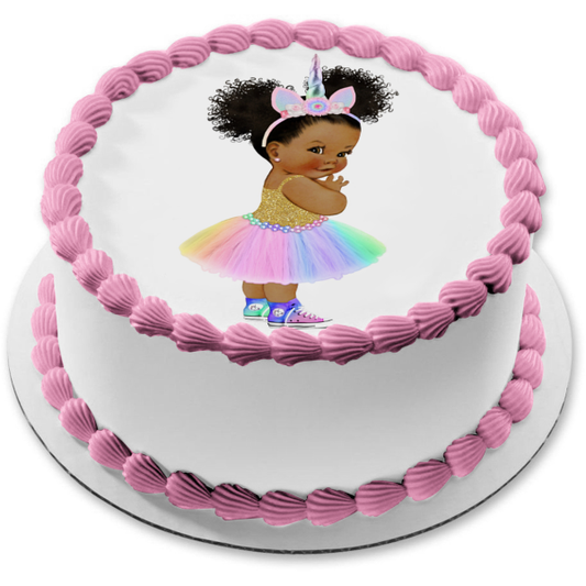 Adorno comestible para tarta con diseño de unicornio y teñido anudado de niña afroamericana, imagen ABPID27733 