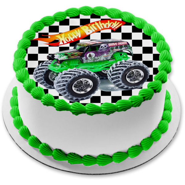 Hot Wheels Feliz cumpleaños Grave Digger Decoración comestible para tarta Imagen ABPID12114 