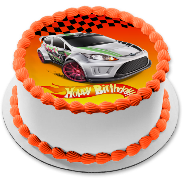 Hot Wheels Feliz cumpleaños coche plateado bandera a cuadros decoración comestible para tarta imagen ABPID12134 