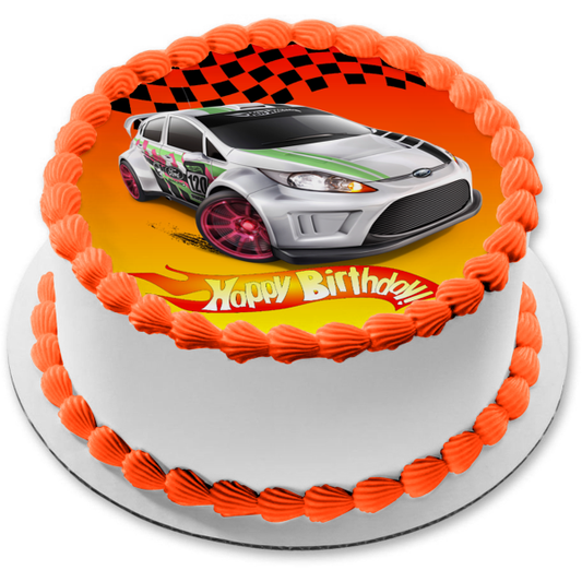 Hot Wheels Happy Birthday Silver Car Checkered Flag Edible Cake Topper Image ABPID12134