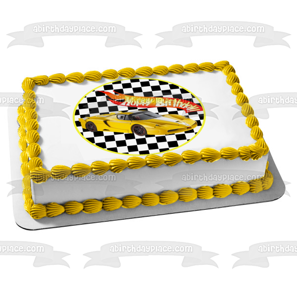 Mattel Hot Wheels Happy Birthday Yellow Race Car Edible Cake Topper Im ...