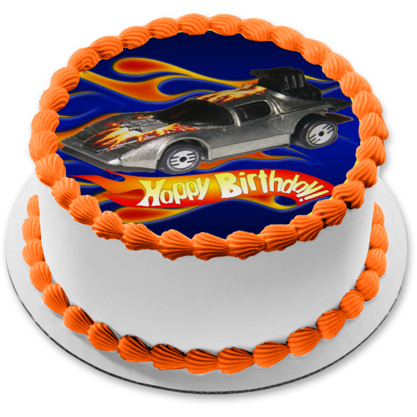 Mattel Hot Wheels Happy Birthday Silver Race Car Edible Cake Topper Image ABPID12139