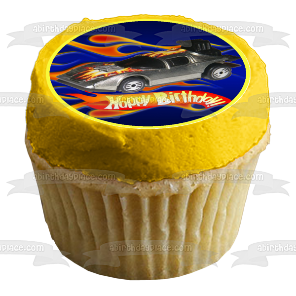 Mattel Hot Wheels Happy Birthday Silver Race Car Edible Cake Topper Image ABPID12139