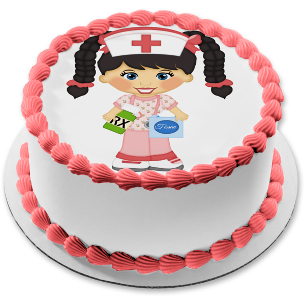 Cartoon Nurse Tissues Stethoscope Prescription Bottle Edible Cake Topper Image ABPID12465