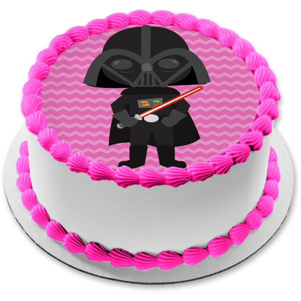 Star Wars Cartoon Darth Vader Lightsaber Pink Background Edible Cake Topper Image ABPID12714