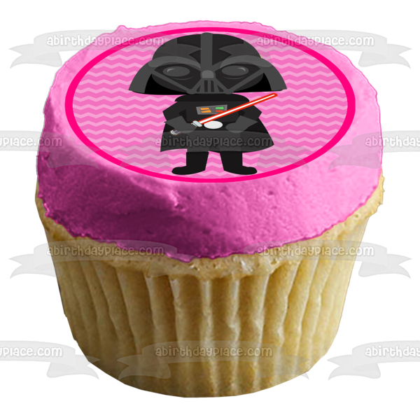 Star Wars Cartoon Darth Vader Lightsaber Pink Background Edible Cake Topper Image ABPID12714