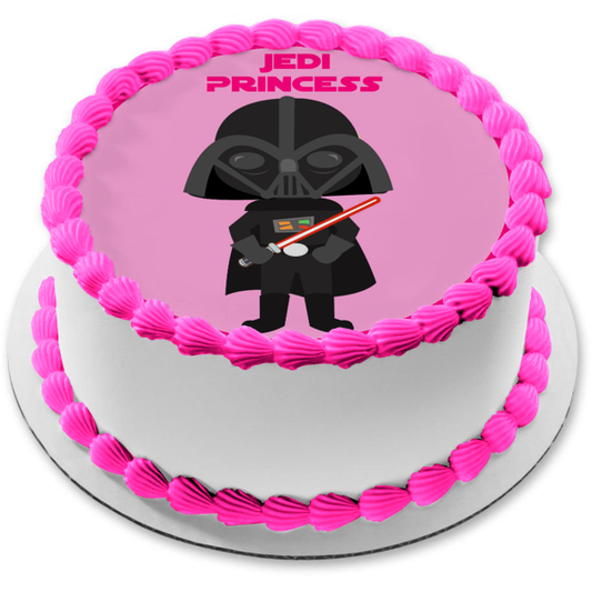 Imagen de decoración comestible para tarta con fondo rosa de la princesa Jedi de Darth Vader de Star Wars ABPID12715 