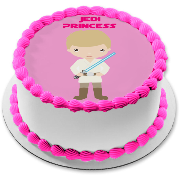 Star Wars Cartoon Anakin Skywalker Lightsaber Jedi Princess Pink Background Edible Cake Topper Image ABPID12716