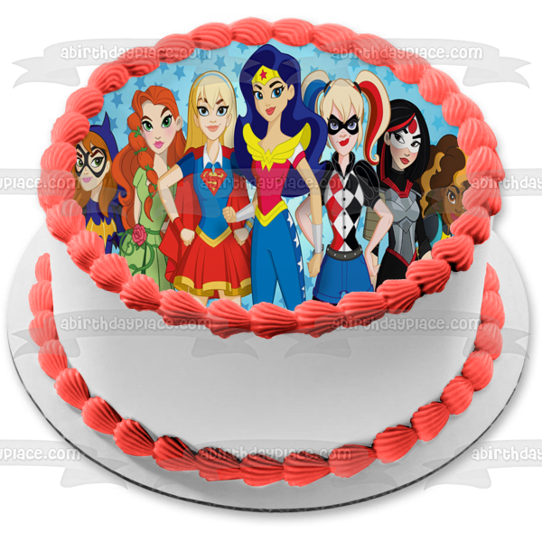 Super Hero Girls Super Girl Wonder Woman Bat Girl y Poison Ivy Decoración comestible para tarta Imagen ABPID03581 