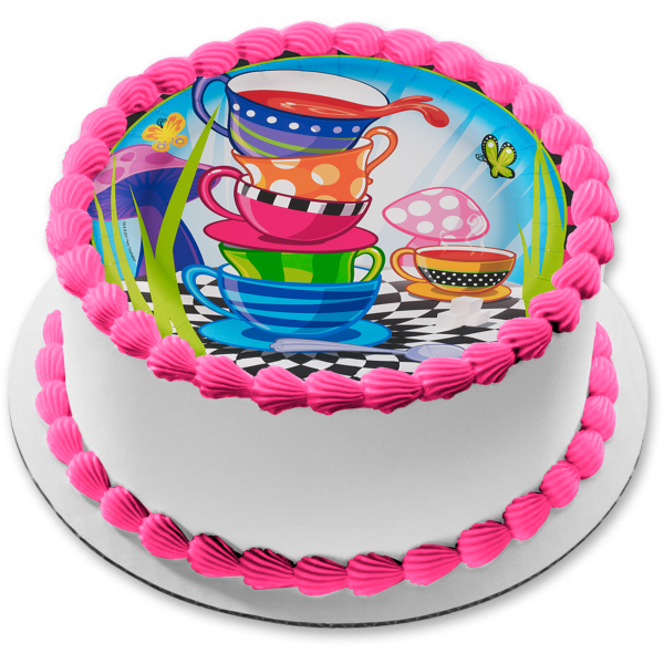 Cartoon Stacked Teacups Butterflies Mushrooms Edible Cake Topper Image ABPID21727